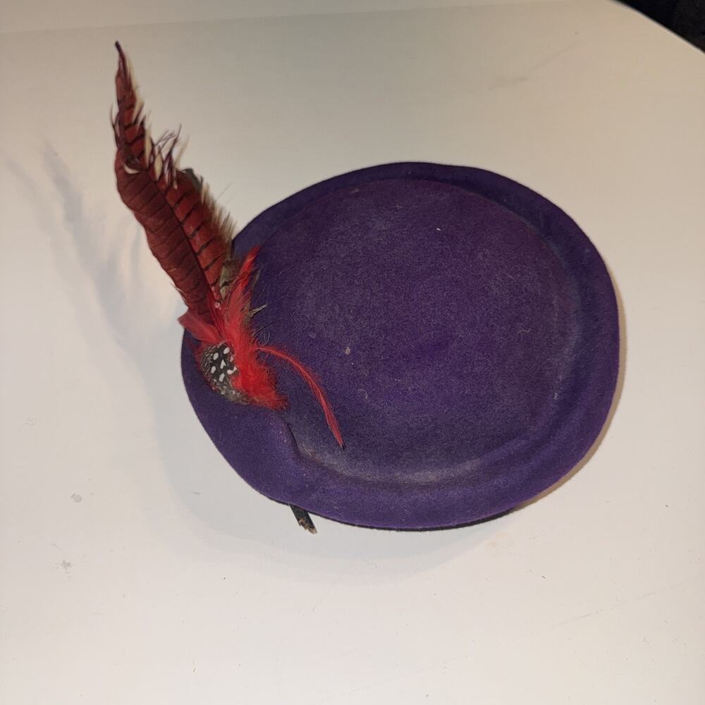 Vintage Importina Purple Wool Felt Hat With Red Feather